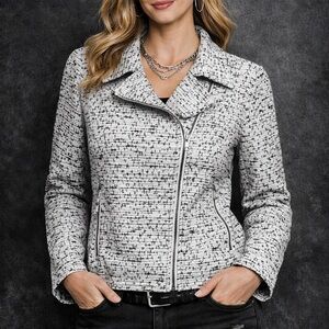 Max Studio Textured Knit Moto Jacket Zipper Black White Spread Collar Small Chic
